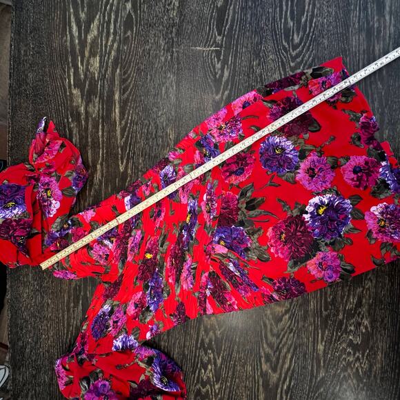 Liancarlo Ruched Cocktail Dress Womens 10 Red Floral Silk Puff Sleeve Elegant - Picture 14 of 16